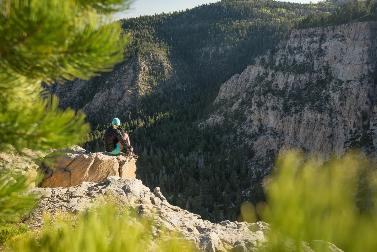 A patient sitting on a rock above a forested canyon